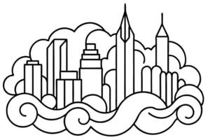 Black outline sketches of various skyscrapers surrounded by abstract cloud and wavelike shapes vector