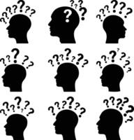 Multiple human head silhouettes are surrounded by numerous question marks symbolizing uncertainty and inquisitiveness vector