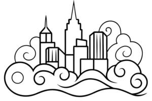 Black outlined buildings ascend above swirling clouds in skyline silhouette illustration vector