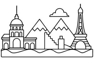 Black outline depicts iconic architecture alongside mountains and fluffy cloud over wavy terrain vector