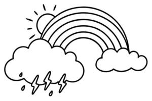 A minimalist line drawing shows a rainbow arching over clouds with sun and raindrops vector