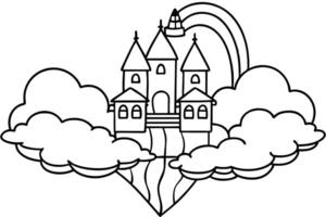Outlined magical castle with towers and rainbow perched among fluffy clouds is displayed vector