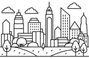 Skyline displays modern buildings with clouds and trees outlined against a monochrome sky vector