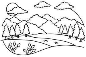 Minimalist mountain line drawing with trees, sun, and clouds creates a serene view vector