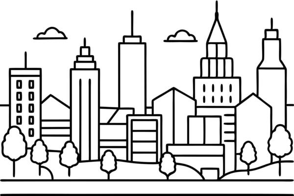 Outlined city silhouette showcases tall buildings, office blocks, and small trees in black ink