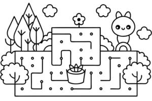 Line art presents a maze where a cute rabbit is waiting at the finish vector