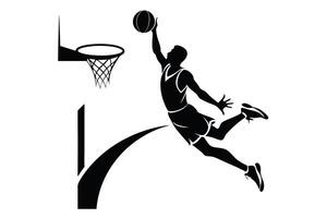 Silhouette of a man soaring towards basketball hoop ready to dunk the ball vector