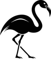 Bold flamingo silhouette stands gracefully, one leg lifted, displaying sleek black form and elegant posture vector