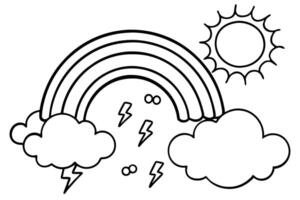 Bold line weather features rainbow above clouds with lightning and sun shining brightly vector