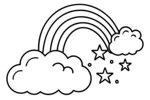 Black outlined rainbow arches over fluffy clouds with scattered star shapes makes a joyful scene vector