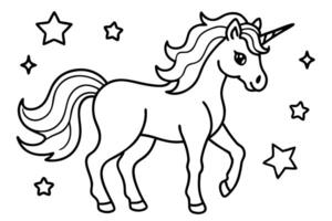 Outlined unicorn walks amidst shining stars in a simple magical and enchanting monochrome scene vector