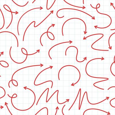 Modern seamless pattern of red arrows of different shapes on a checkered and white background