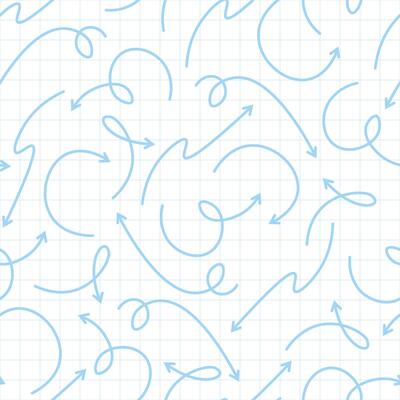 Modern seamless pattern of blue arrows of different shapes on a checkered and white background