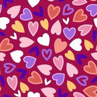 Modern multicolored hearts in seamless pattern on red background vector