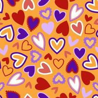 Modern multicolored hearts of different shapes in seamless pattern on orange background vector