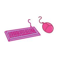 Pink keyboard and computer mouse on white background. vector