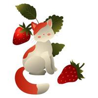 Two white cats with red spots on the background of strawberry bushes. illustration isolated on a white background. vector