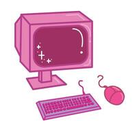 Retro computer icon. Pink monitor, keyboard and computer mouse on white background. vector
