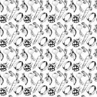 Vegetables in doodle style. Carrot, pepper, peas and broccoli. Seamless pattern. vector
