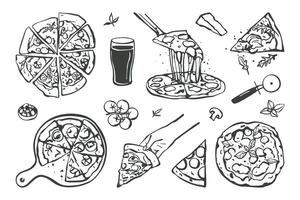 Hand drawn set of pizza. Simple sketch style pizza slices, whole pizza, hand holding pizza slice and ingredients vector