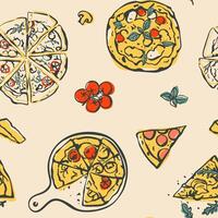 Seamless pattern with hand drawn pizza elements. Simple sketch style food design for fabric, home textile, wrapping paper vector