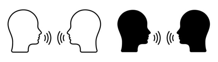 Two people talking icon set. Conversation, communication and speaking symbol. Silhouette and outline head with sound waves. Speech, discussion, and voice concept in outline and solid style. vector