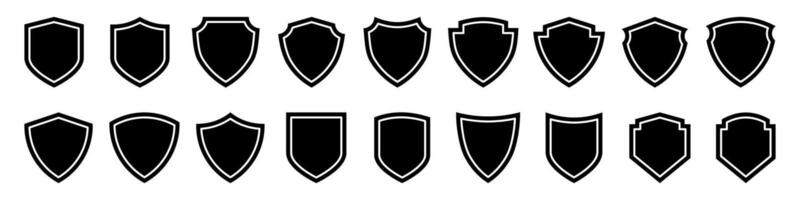 Security shield icons. Collection of black emblem templates for protection, privacy, antivirus, firewall, defense systems, cybersecurity, and military insignia. shapes for secure branding. vector