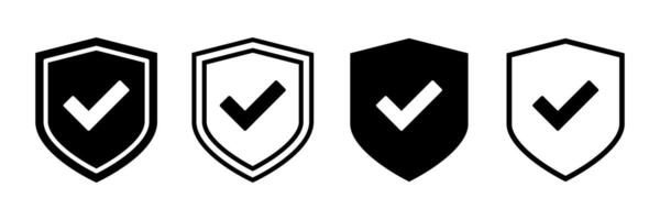 Security Shield with Check Mark. Black and White Icons for Verified Protection, Data Safety, Trust Badge, Antivirus, Secure Access and Approved Web Security Concepts vector