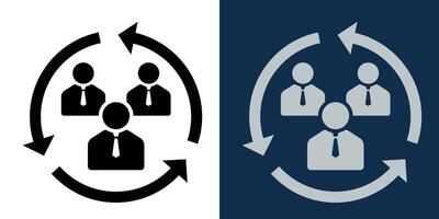 Business team icon with circular arrows. Collaboration, communication and workflow between office workers. Flat design pictogram for HR, management, strategy and corporate organization concepts. vector