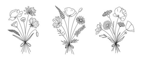 Wildflower line art bouquets set. Meadow flowers, herbs, wild plants, botanical hand drawn elements for design projects, illustration. vector