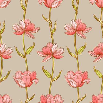 Floral seamless pattern with tulips. Beautiful elegant flowers with leaves. Spring or summer vintage wallpaper, template for fashion design. Botanical print on beige background, illustration