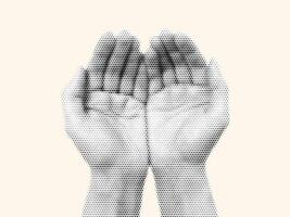 Retro Halftone Illustration of Hands Holding in a Protective Gesture Symbolizing Care vector