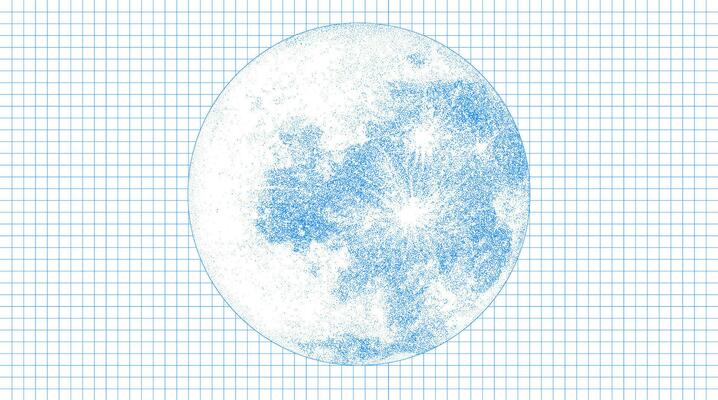 Risograph Print with Photocopy Effect Featuring a Moon on a Notebook Grid Background