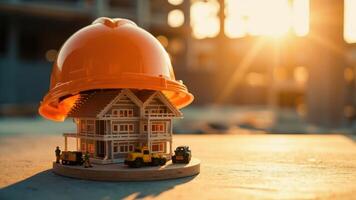 A miniature classical-style building with columns and a triangular pediment sits under an oversized orange construction helmet. photo