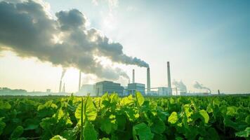 A large industrial facility with multiple smokestacks emits smoke into the air. In the foreground, a lush green field with leafy plants contrasts sharply with the pollution, photo