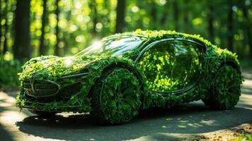 A car is entirely covered in green leaves and foliage, blending into its forested surroundings. photo