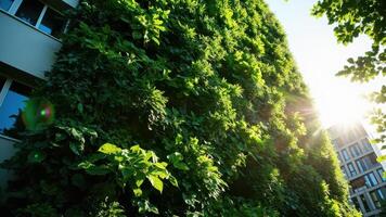 A building features a lush vertical garden covered in dense green foliage. photo