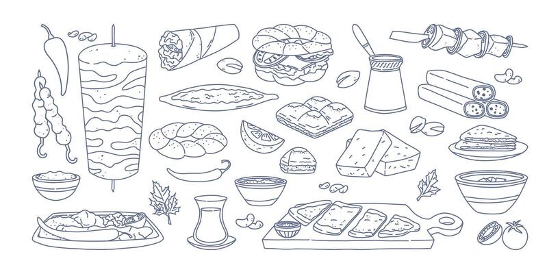 Traditional Turkish food in doodle line art style. set of national dishes and oriental sweets. Isolated sketch illustrations of kebabs, flatbreads, and desserts on white.
