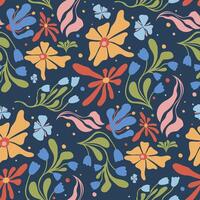 Seamless floral pattern with flowers and leaves. Colorful botanical ornament in folk style with yellow, blue, and green elements. Elegant decorative background for textiles and prints. vector
