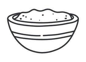 Plate or bowl with soup or sauce in doodle line art. Black and white illustration of traditional food. Isolated hand drawn element for menu or culinary design. vector