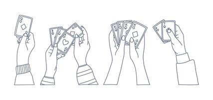 Set of isolated hands holding playing cards in different positions. Doodle line illustration. Poker, gambling, casino or board game concept for print, web, and mobile design. vector