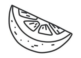 Black and white doodle of lemon slice. Hand drawn line art illustration of sour citrus fruit segment. Minimal isolated sketch for food, drink or design elements. vector