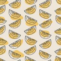 Black and white doodle of lemon slice. Hand drawn line art illustration of sour citrus fruit segment. seamless pattern for food, drink or design elements. vector