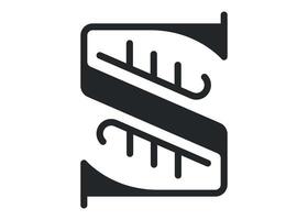 Bold black stylized S letter logo with abstract, modern linear elements. Minimalist monochrome design, ideal for branding, logos, business cards, apparel prints, and web graphics. vector