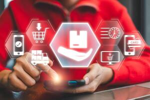 A person interacts with a smartphone, surrounded by digital icons representing online delivery services, showcasing modern e-commerce technology. photo