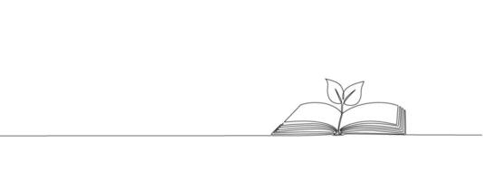 Open book with plant sprout with one continuous editable line. Symbol of education, reading and writing in one line style . line illustration vector