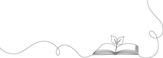 Drawing of an open book with a plant sprout in one continuous line. Symbol of education, reading and writing in one line style . editable illustration vector
