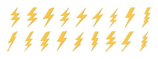 Set of yellow lightning icons. Symbol of thunder lightning flash of electrical energy. design element for website, poster, banner. vector