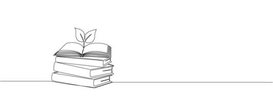Drawing of a stack of books with a plant sprout in one continuous line. Symbol of education, reading and writing in one line style . editable illustration vector