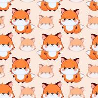Seamless template with cartoon fox in chibi style full size and muzzle. Repetitive kawaii animal mascot for kids design. Child character concept for children's products. Design for textiles vector